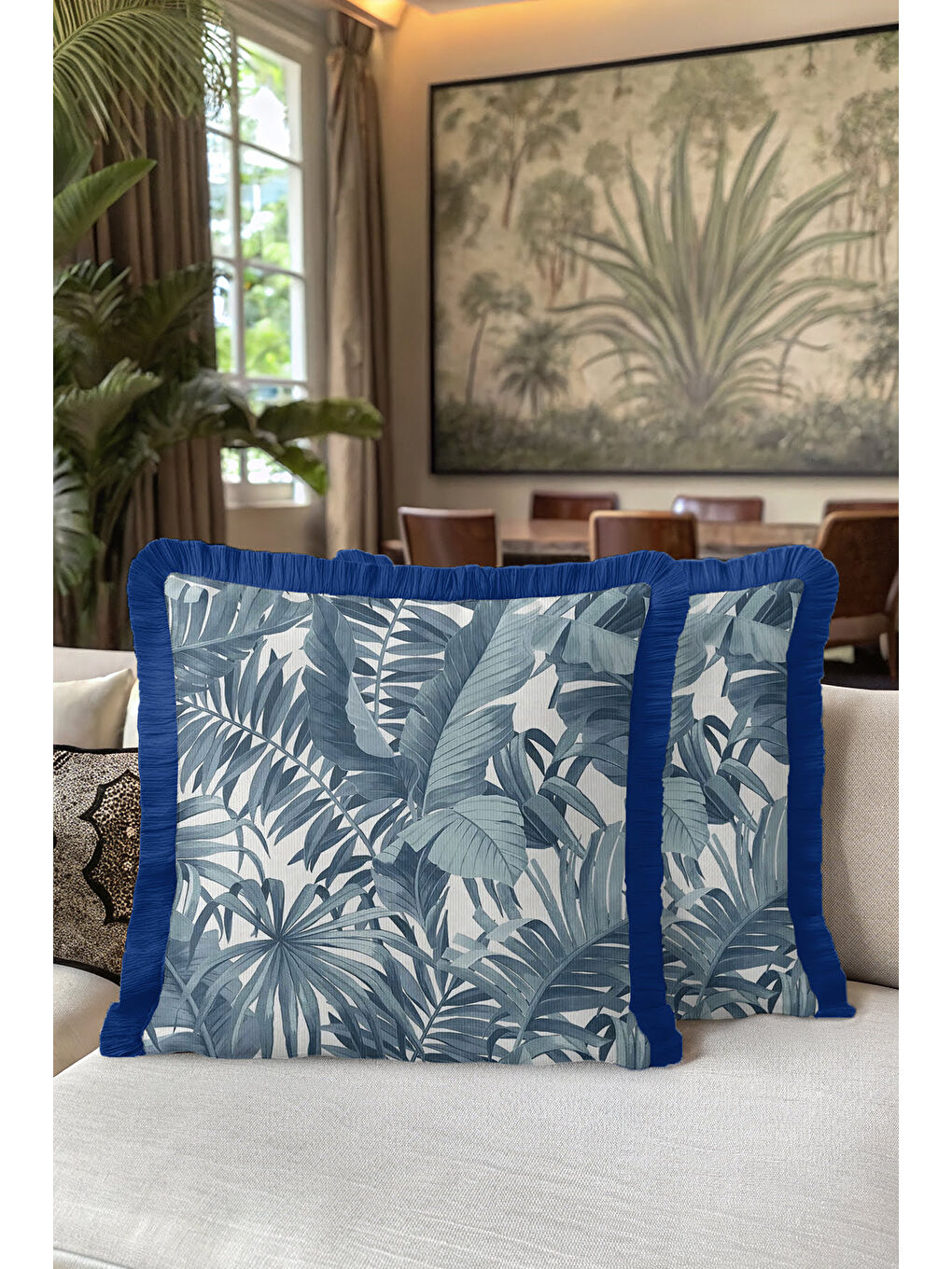 Karışık Tropikal Yaprak Motifli Saçaklı Yastık Kılıfı - Botanik Modern Mavi Püsküllü Kırlent Kılıfı-5