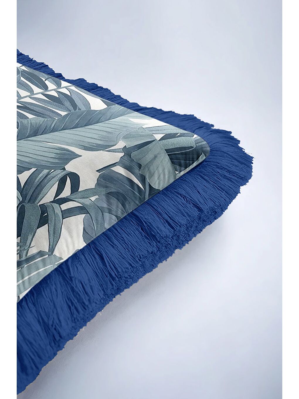 Karışık Tropikal Yaprak Motifli Saçaklı Yastık Kılıfı - Botanik Modern Mavi Püsküllü Kırlent Kılıfı-6