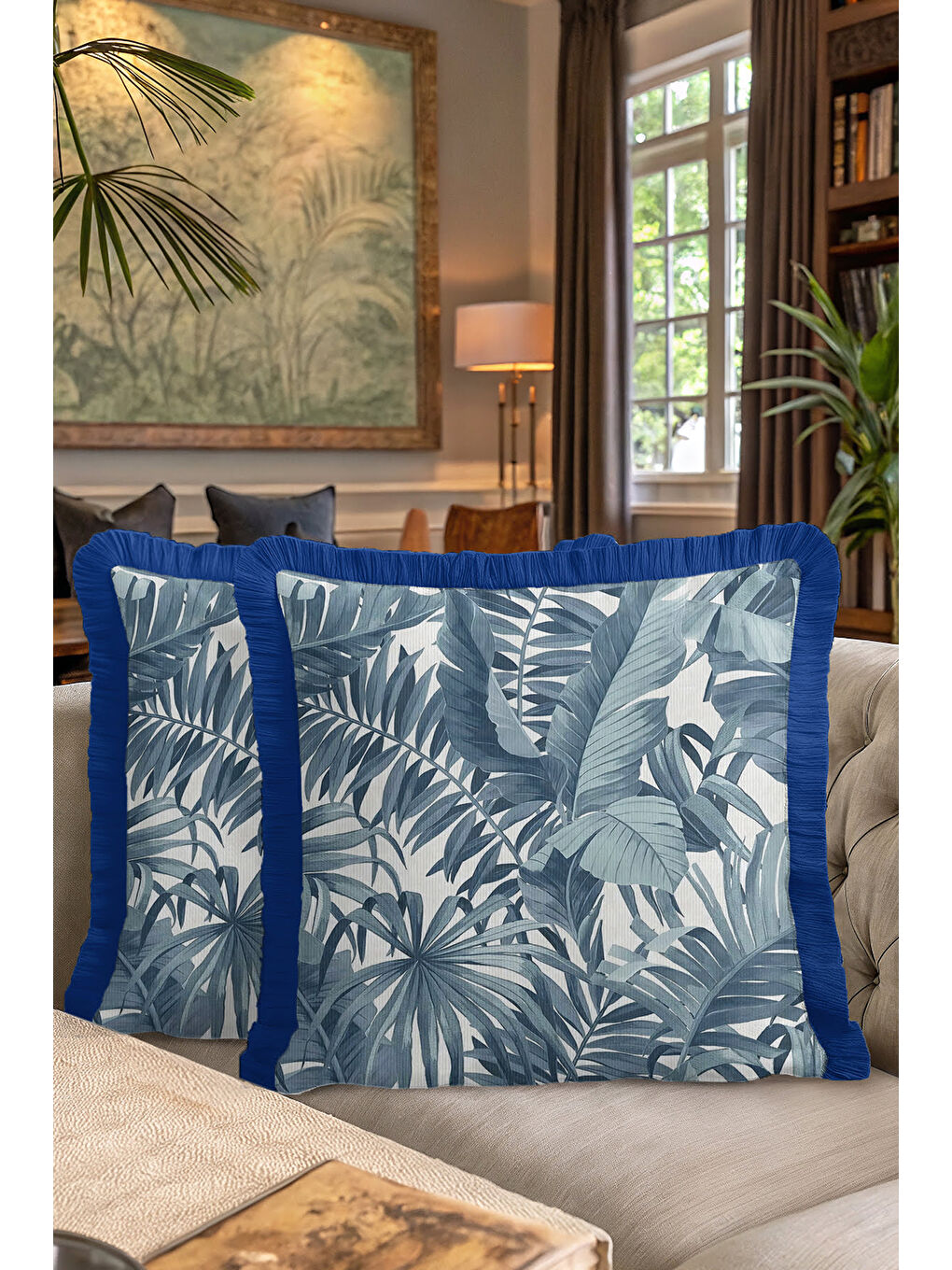 Karışık Tropikal Yaprak Motifli Saçaklı Yastık Kılıfı - Botanik Modern Mavi Püsküllü Kırlent Kılıfı-7