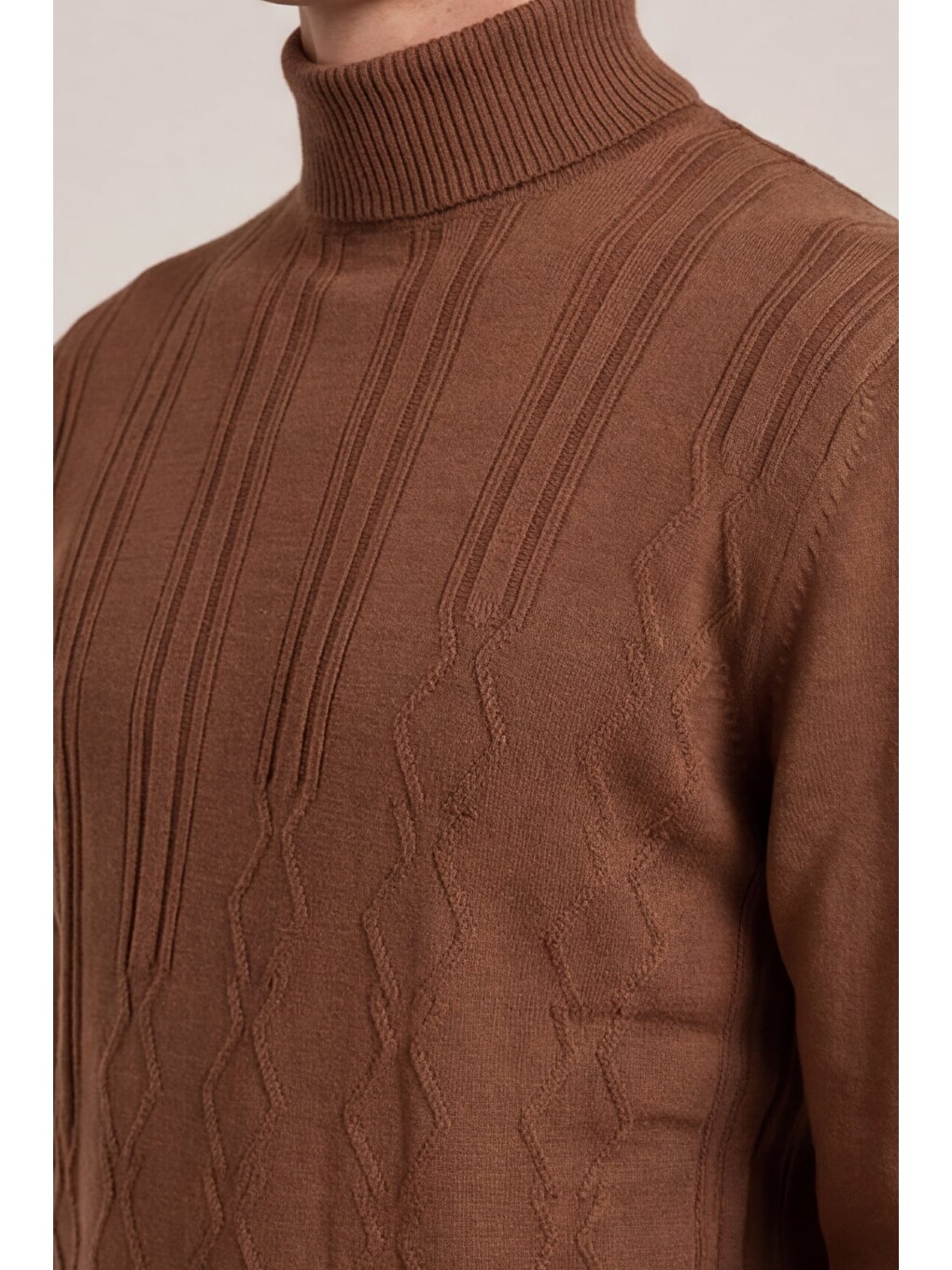 Kahverengi Kahve Slim Fit Yarım Balıkçı Yaka Yünlü Triko Kazak-2
