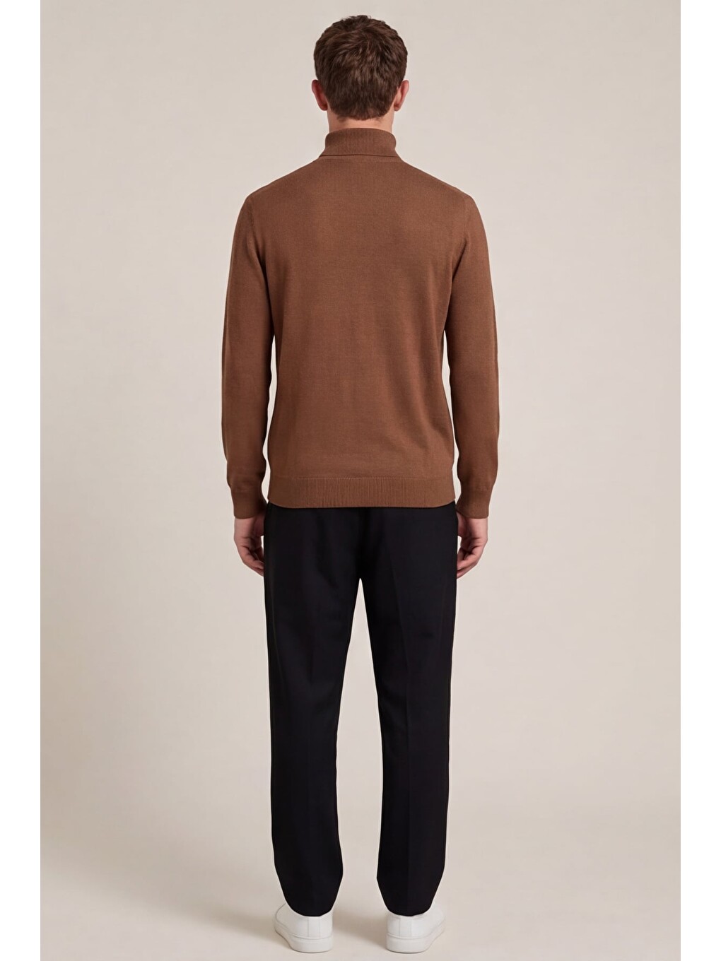 Kahverengi Kahve Slim Fit Yarım Balıkçı Yaka Yünlü Triko Kazak-3