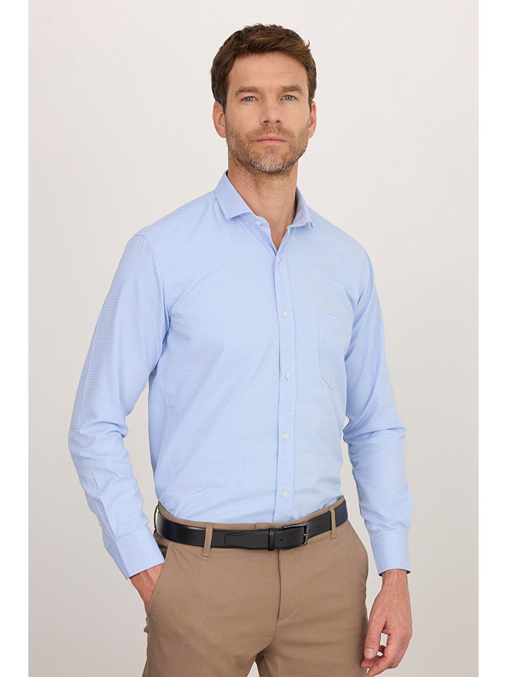 Erkek Regular Fit Klasik Kesim Desenli Mavi Gömlek-4