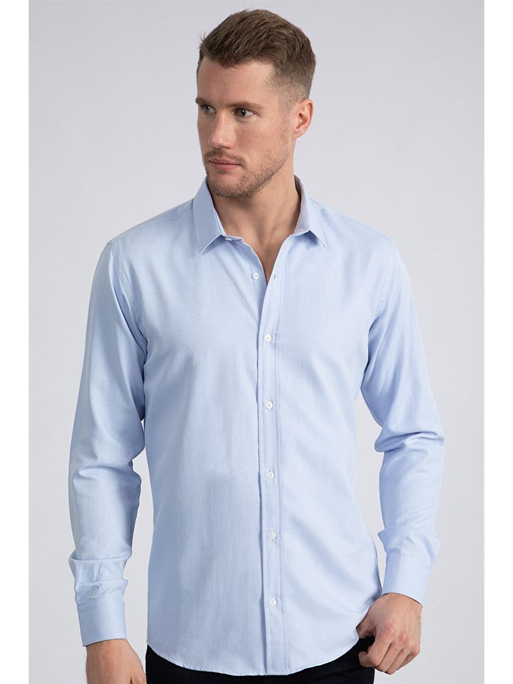 Modern Slim Fit Uzun Kollu Pamuklu Kolay Ütü Armürlü Erkek Mavi Gömlek-1