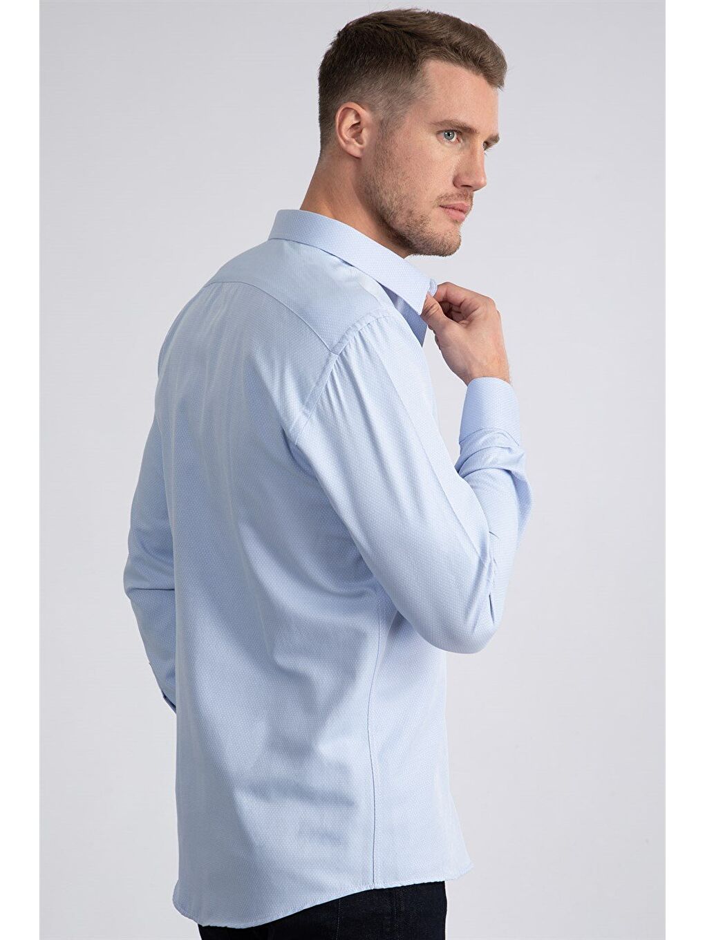 Modern Slim Fit Uzun Kollu Pamuklu Kolay Ütü Armürlü Erkek Mavi Gömlek-3