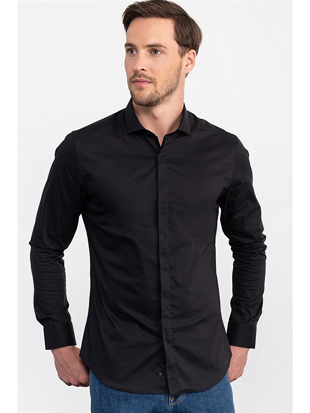 Süper Slim Fit Pamuklu Elastanlı Erkek Siyah Gömlek-1