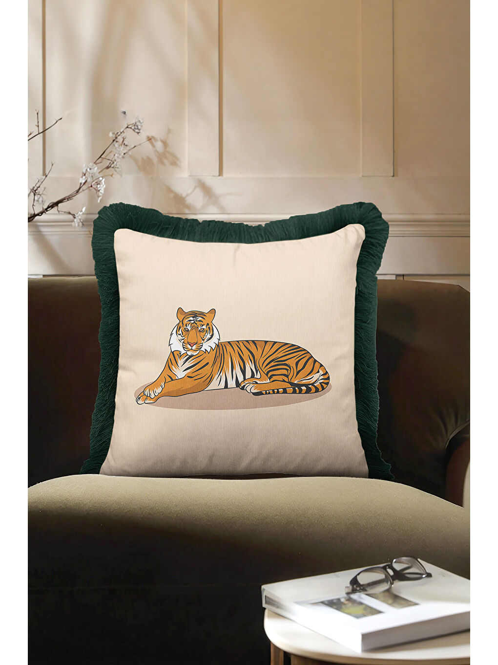 Karışık Vahşi Zarafet Saçaklı Yastık Kılıfı - Tropikal Bohem Orman Yeşili Püsküllü Kırlent Kılıfı-3