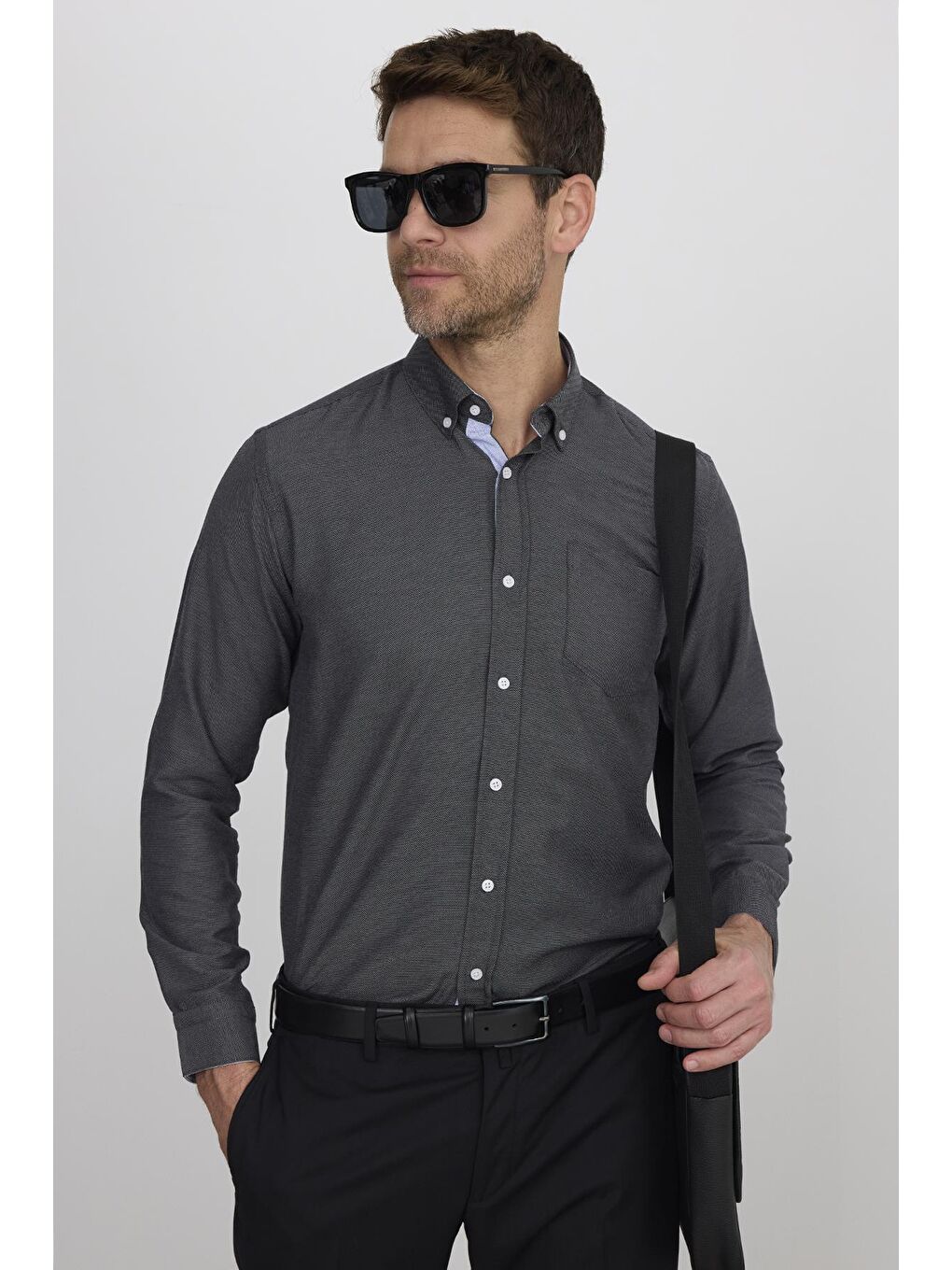 Gri Klasik Fit Uzun Kollu Düğmeli Yaka Pamuklu Kolay Ütü Oxford Düz Erkek Gömlek