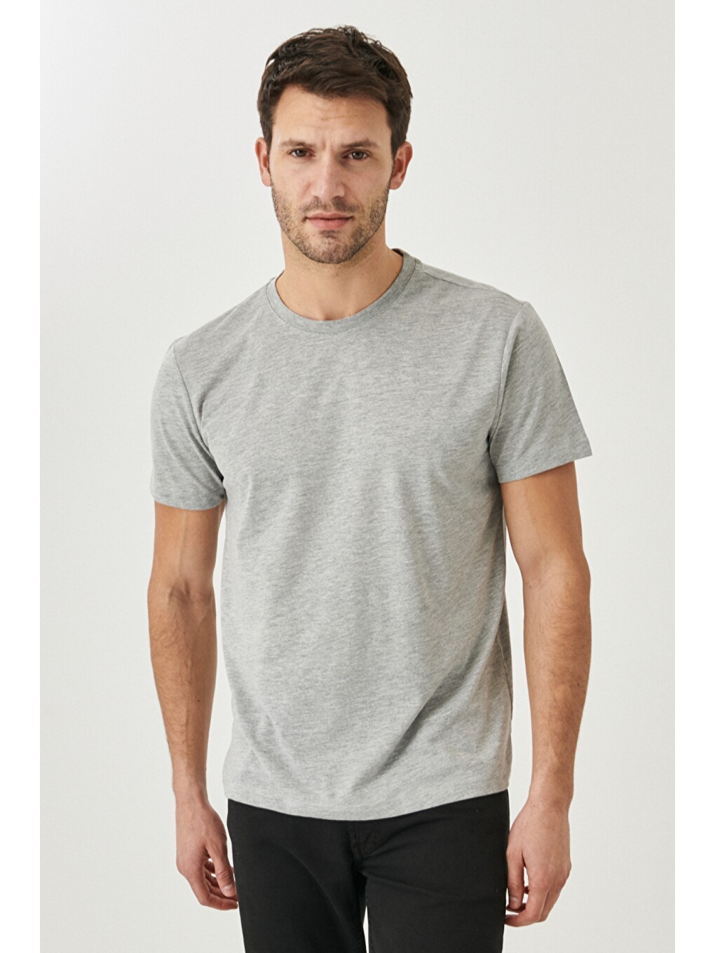 Erkek Beyaz-Gri Melanj-Koyu Gri-Antrasit-Siyah Slim Fit Dar Kesim Bisiklet Yaka 5'li Tişört Paketi-4