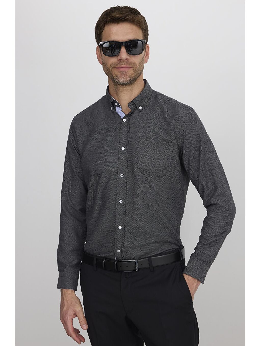 Gri Klasik Fit Uzun Kollu Düğmeli Yaka Pamuklu Kolay Ütü Oxford Düz Erkek Gömlek-4