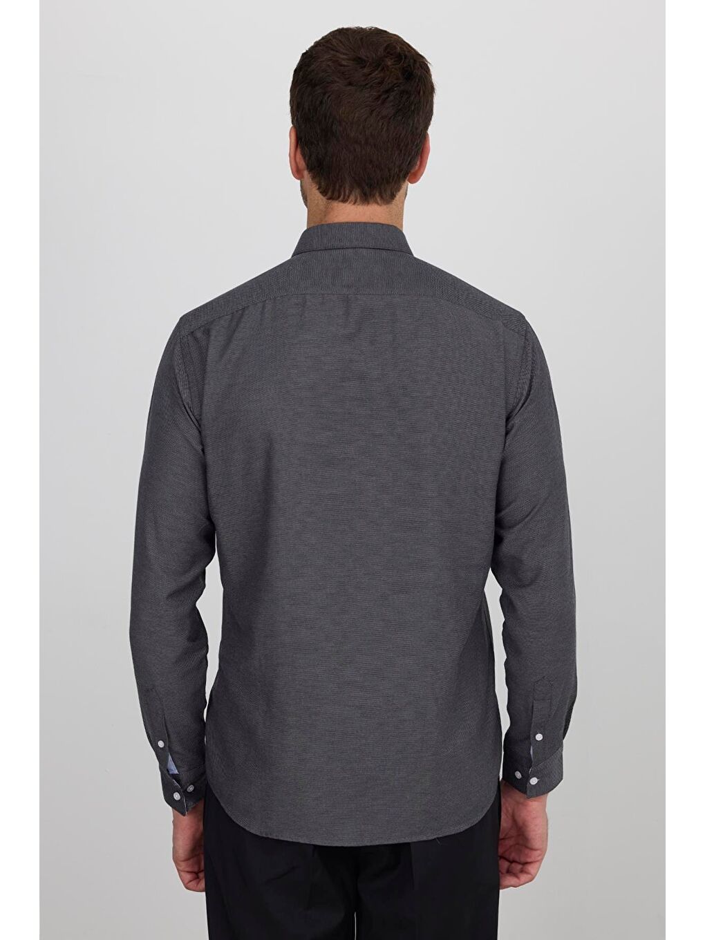 Gri Klasik Fit Uzun Kollu Düğmeli Yaka Pamuklu Kolay Ütü Oxford Düz Erkek Gömlek-6