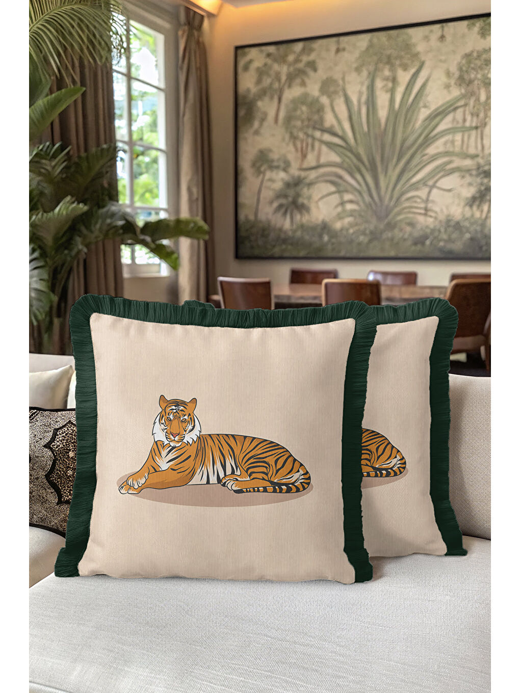 Karışık Vahşi Zarafet Saçaklı Yastık Kılıfı - Tropikal Bohem Orman Yeşili Püsküllü Kırlent Kılıfı-5