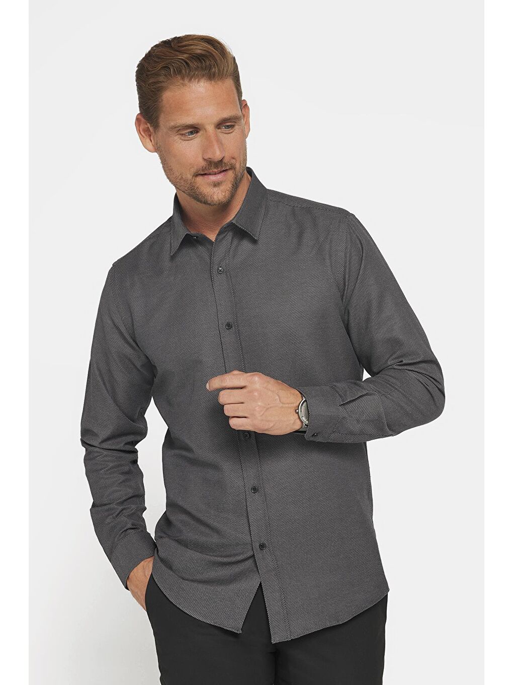 Modern Slim Fit Uzun Kollu Pamuklu Kolay Ütü Armürlü Erkek Gri Gömlek