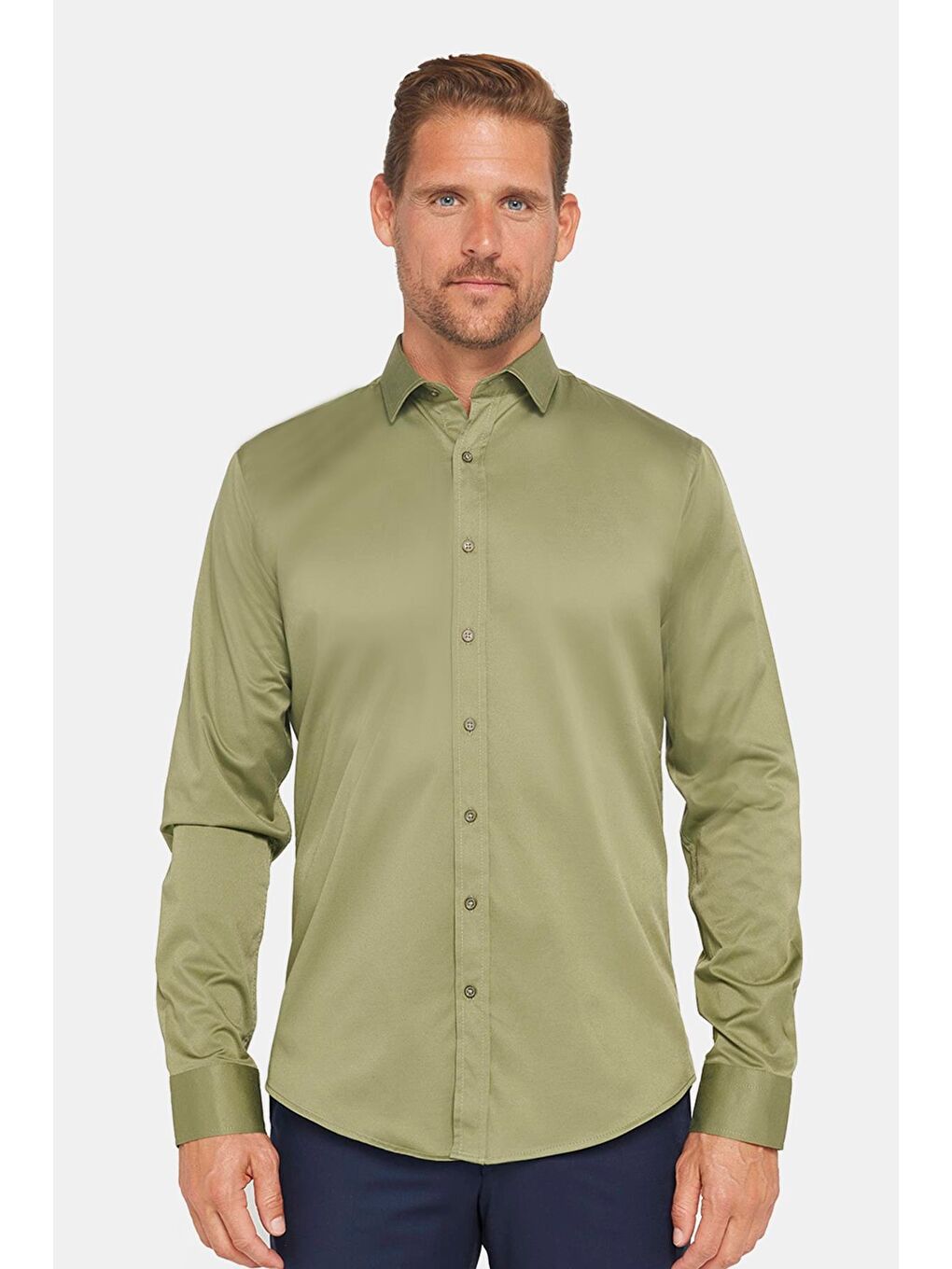 Slim Fit Elastanlı Düz Pamuk Saten Erkek Yeşil Gömlek-1
