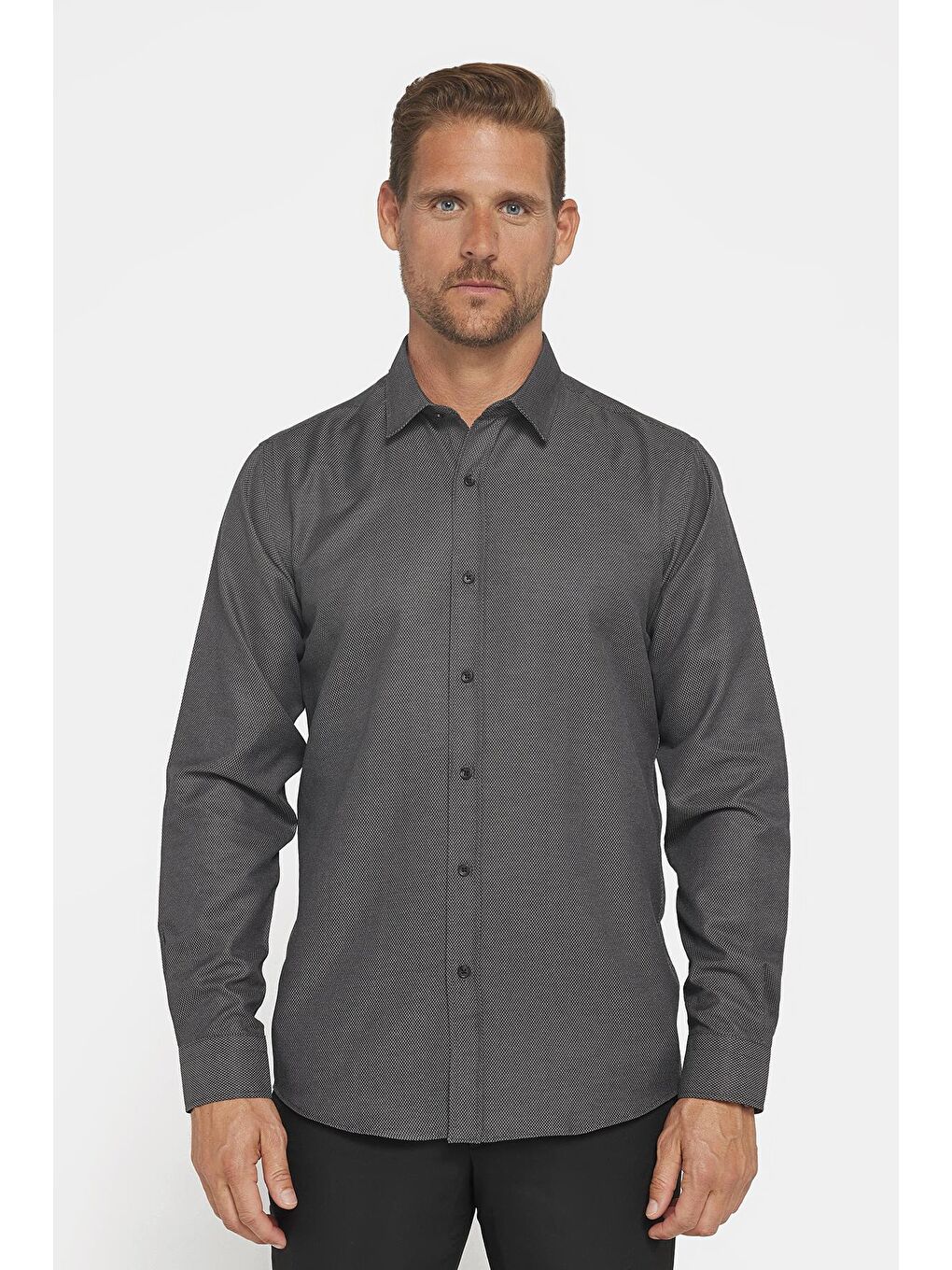 Modern Slim Fit Uzun Kollu Pamuklu Kolay Ütü Armürlü Erkek Gri Gömlek-1