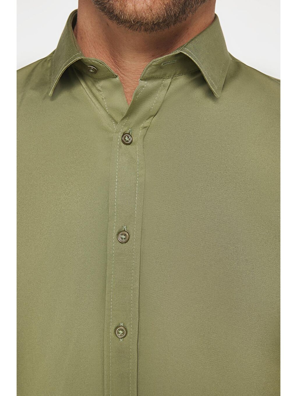 Slim Fit Elastanlı Düz Pamuk Saten Erkek Yeşil Gömlek-3
