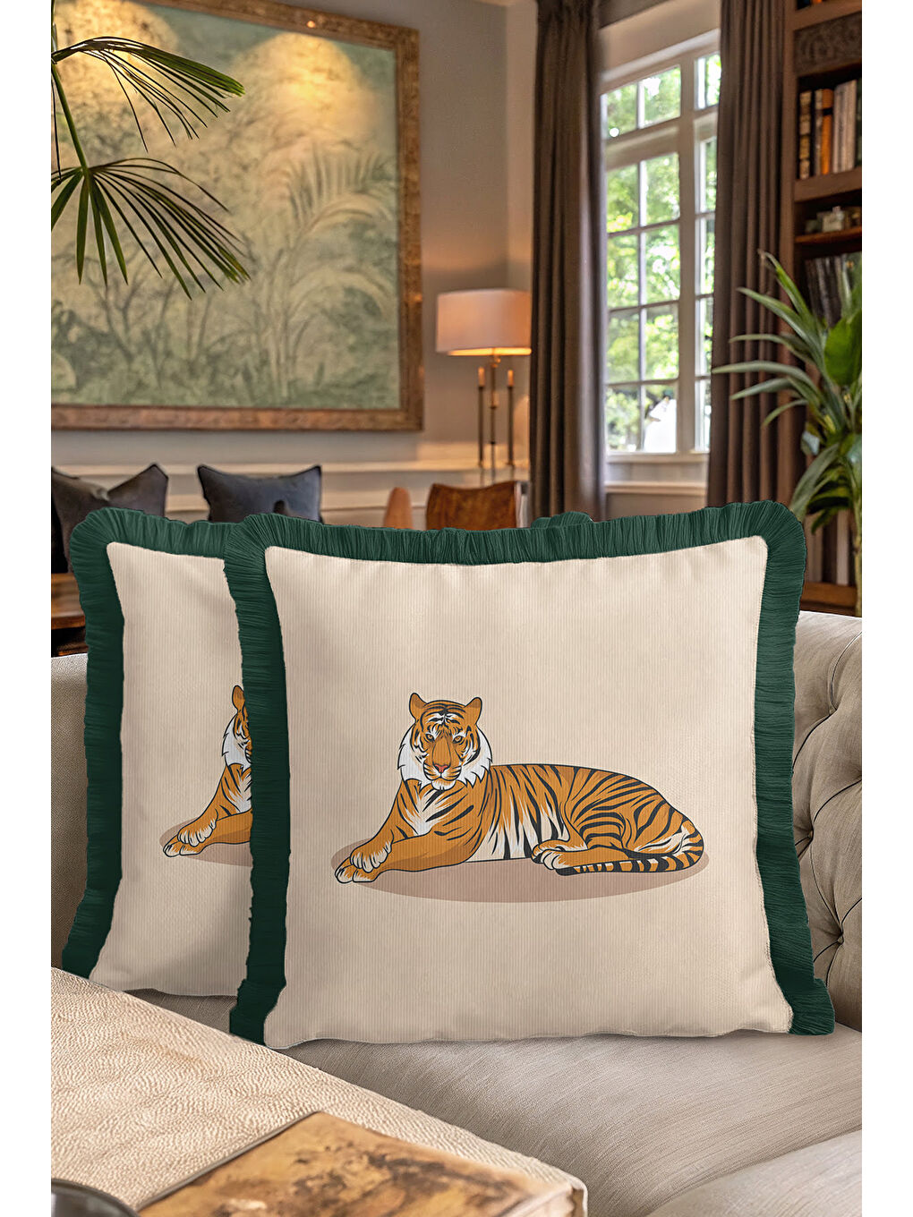 Karışık Vahşi Zarafet Saçaklı Yastık Kılıfı - Tropikal Bohem Orman Yeşili Püsküllü Kırlent Kılıfı-7