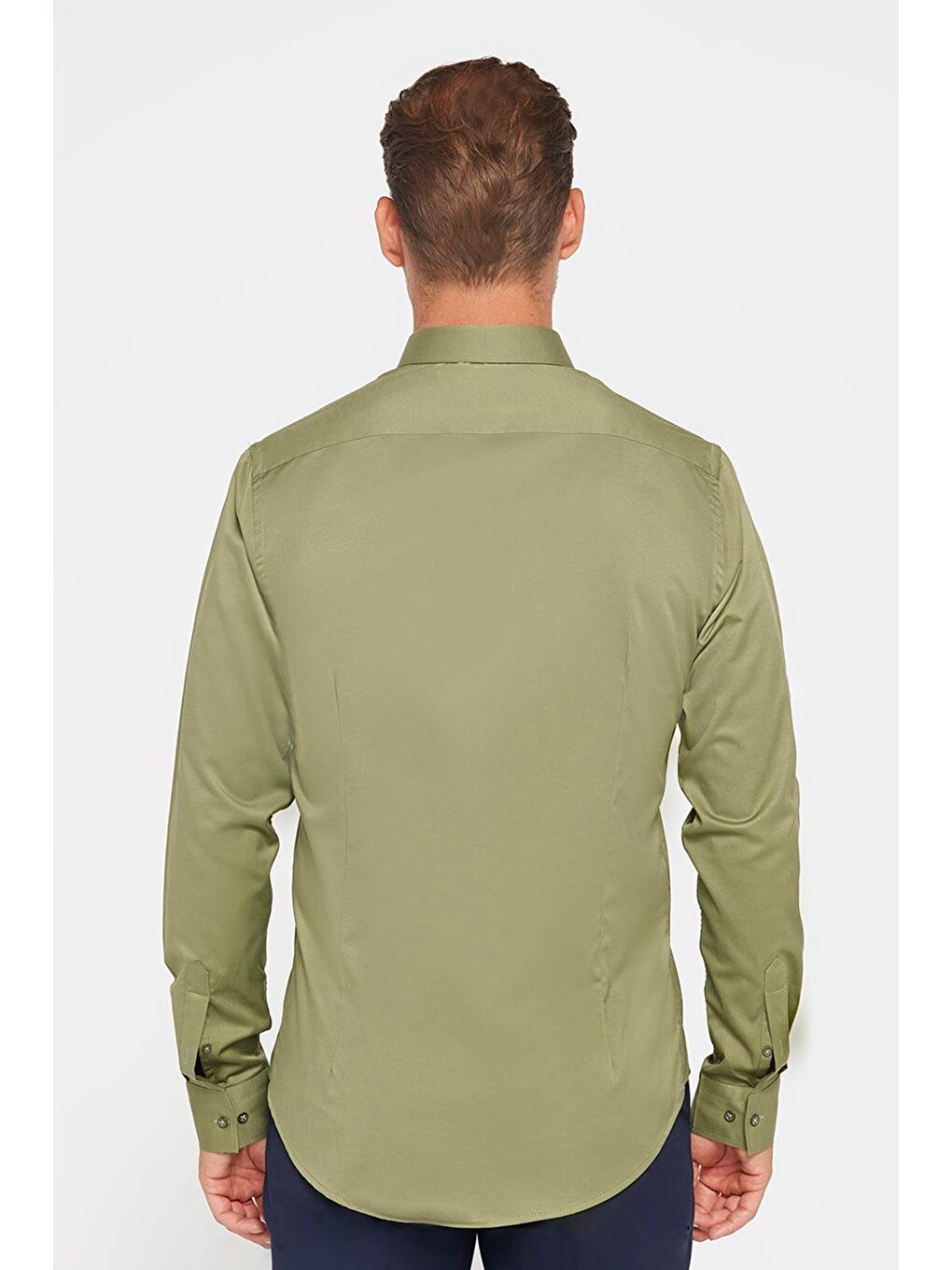 Slim Fit Elastanlı Düz Pamuk Saten Erkek Yeşil Gömlek-4