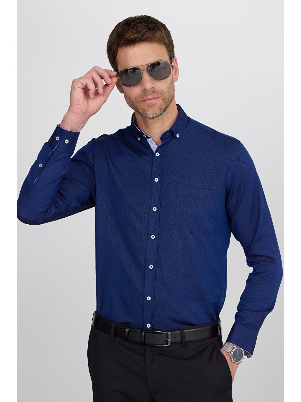 Mavi Klasik Fit Uzun Kollu Düğmeli Yaka Pamuklu Kolay Ütü Oxford Düz Erkek Gömlek