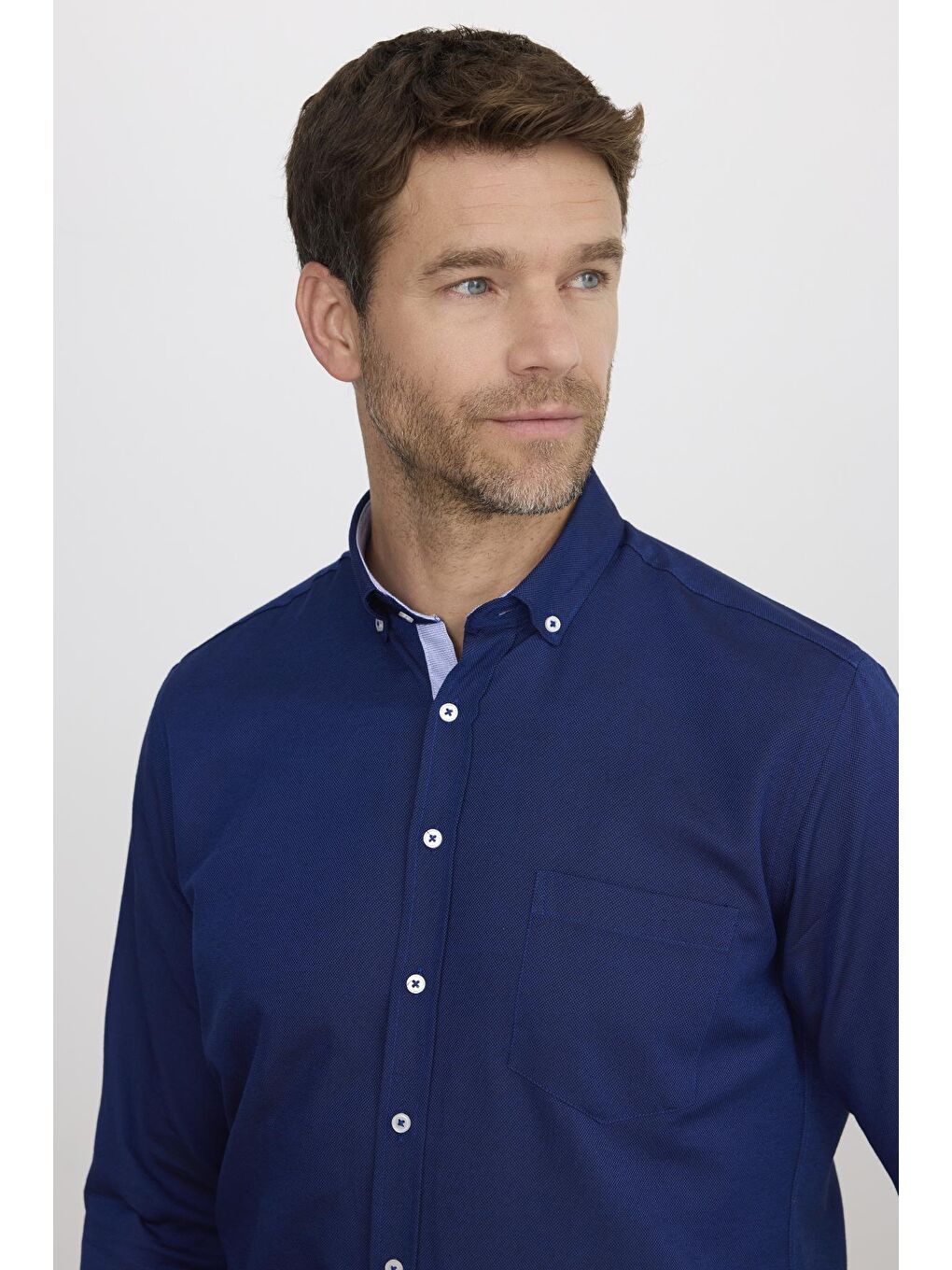 Mavi Klasik Fit Uzun Kollu Düğmeli Yaka Pamuklu Kolay Ütü Oxford Düz Erkek Gömlek-1