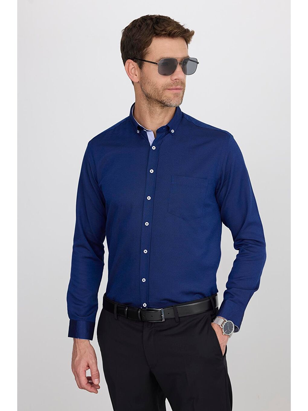 Mavi Klasik Fit Uzun Kollu Düğmeli Yaka Pamuklu Kolay Ütü Oxford Düz Erkek Gömlek-3