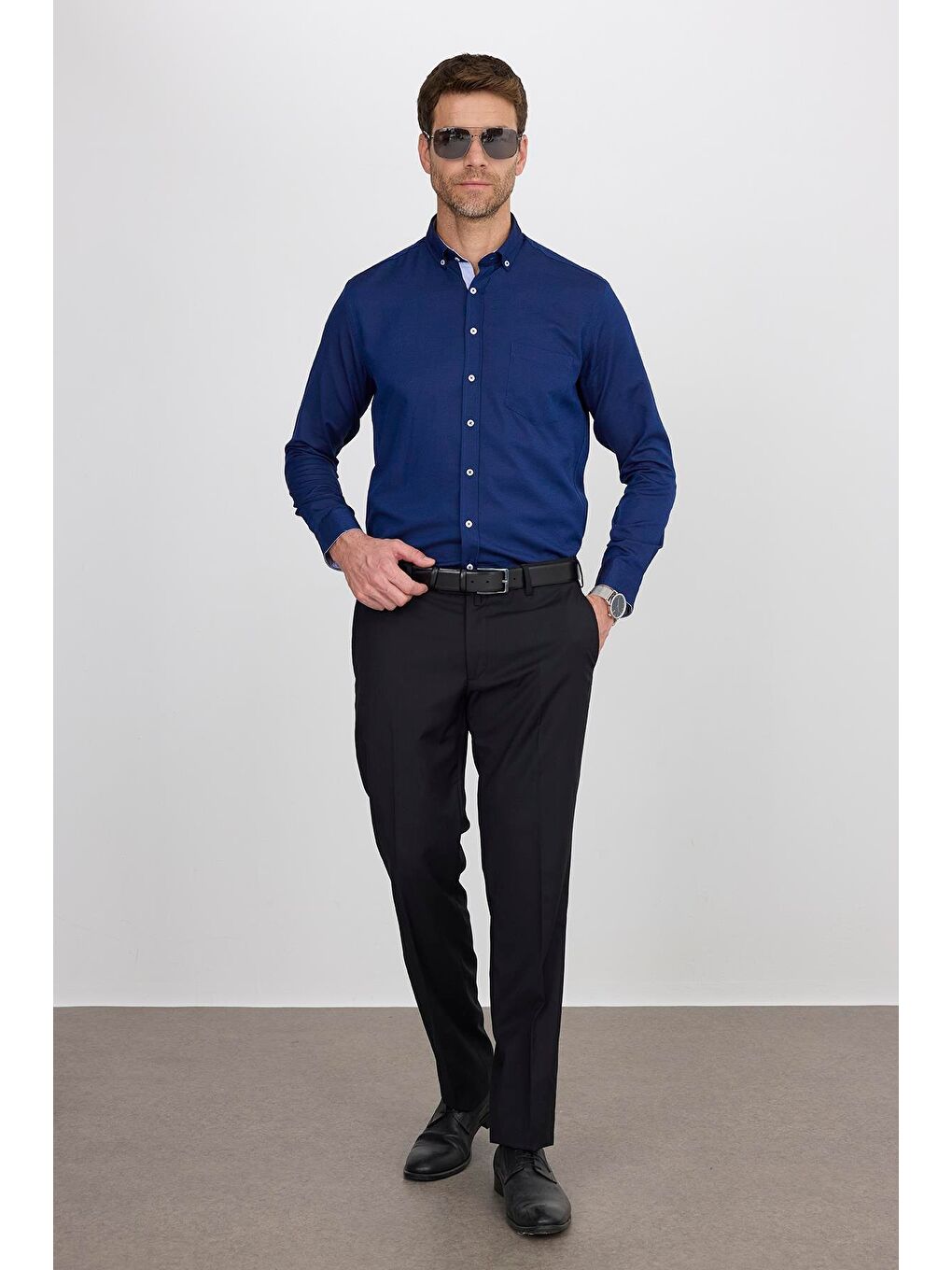 Mavi Klasik Fit Uzun Kollu Düğmeli Yaka Pamuklu Kolay Ütü Oxford Düz Erkek Gömlek-4