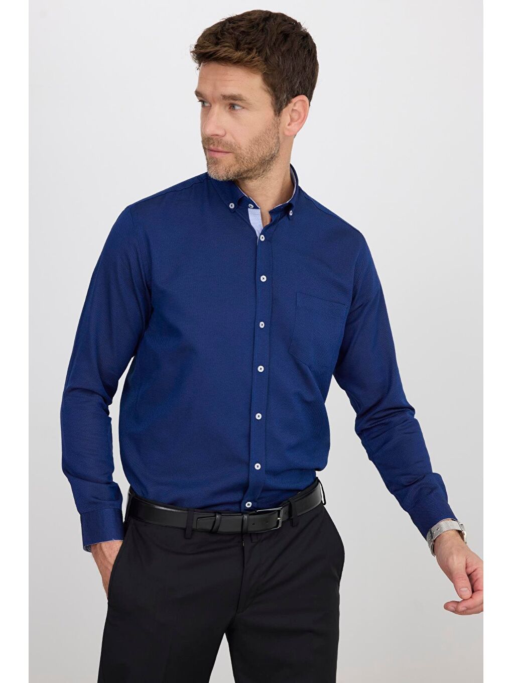 Mavi Klasik Fit Uzun Kollu Düğmeli Yaka Pamuklu Kolay Ütü Oxford Düz Erkek Gömlek-5