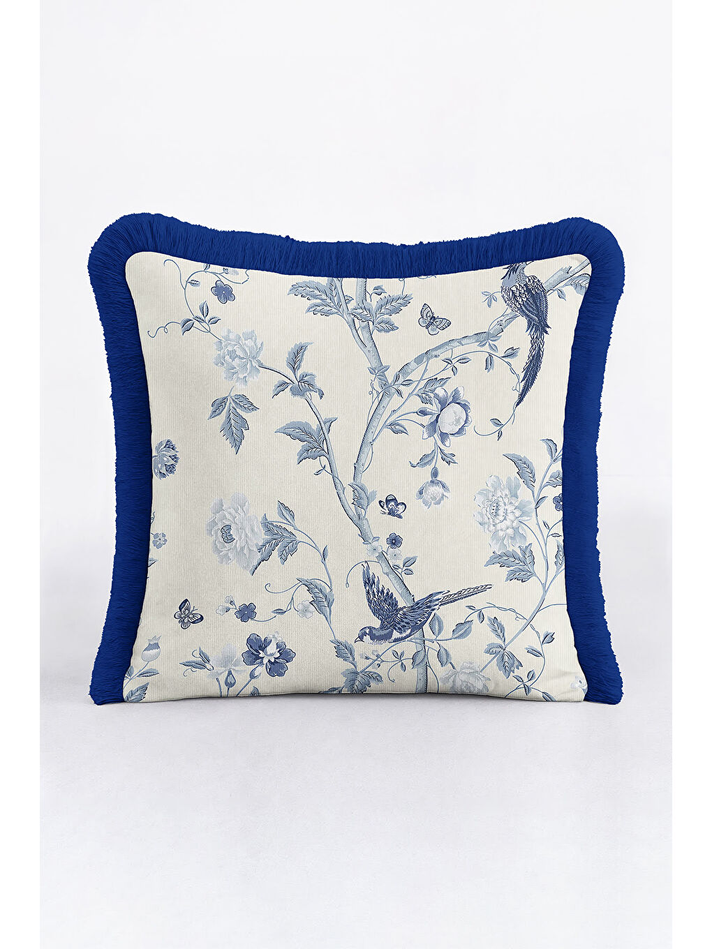 Karışık Royal Mavi Çiçekli Kuş Saçaklı Yastık Kılıfı - Klasik Zarif Vintage Mavi Püsküllü Kırlent Kılıfı-1