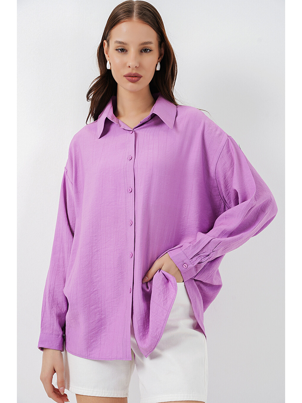 Kadın Uzun Oversize Gömlek 20334 - Lila
