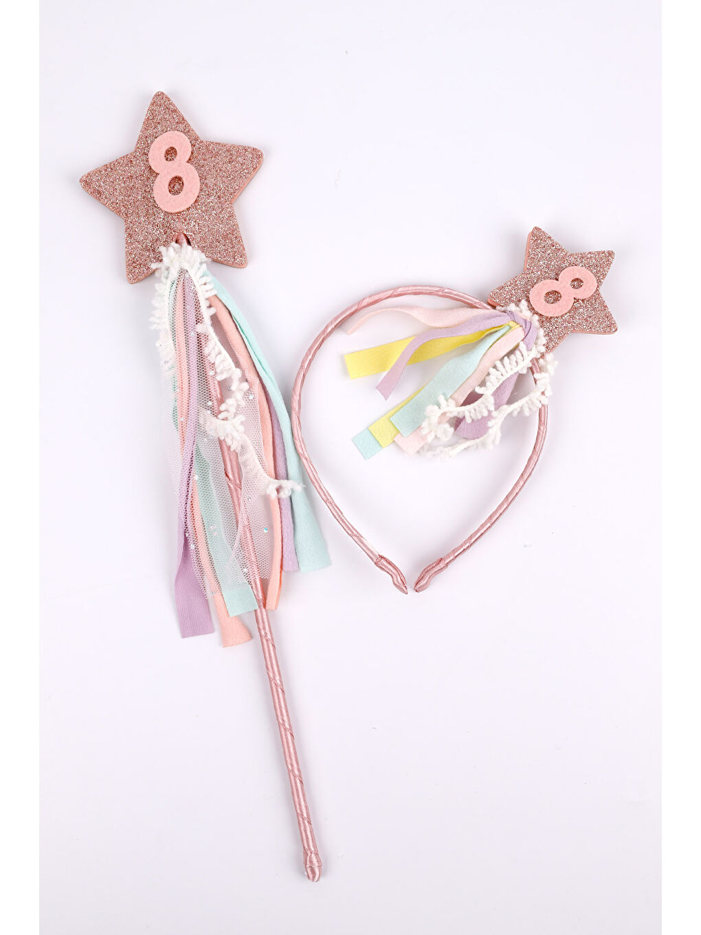 Lila Pudra 8 Yaş Püsküllü Yıldız Kız Çocuk Parti Asa Taç Set