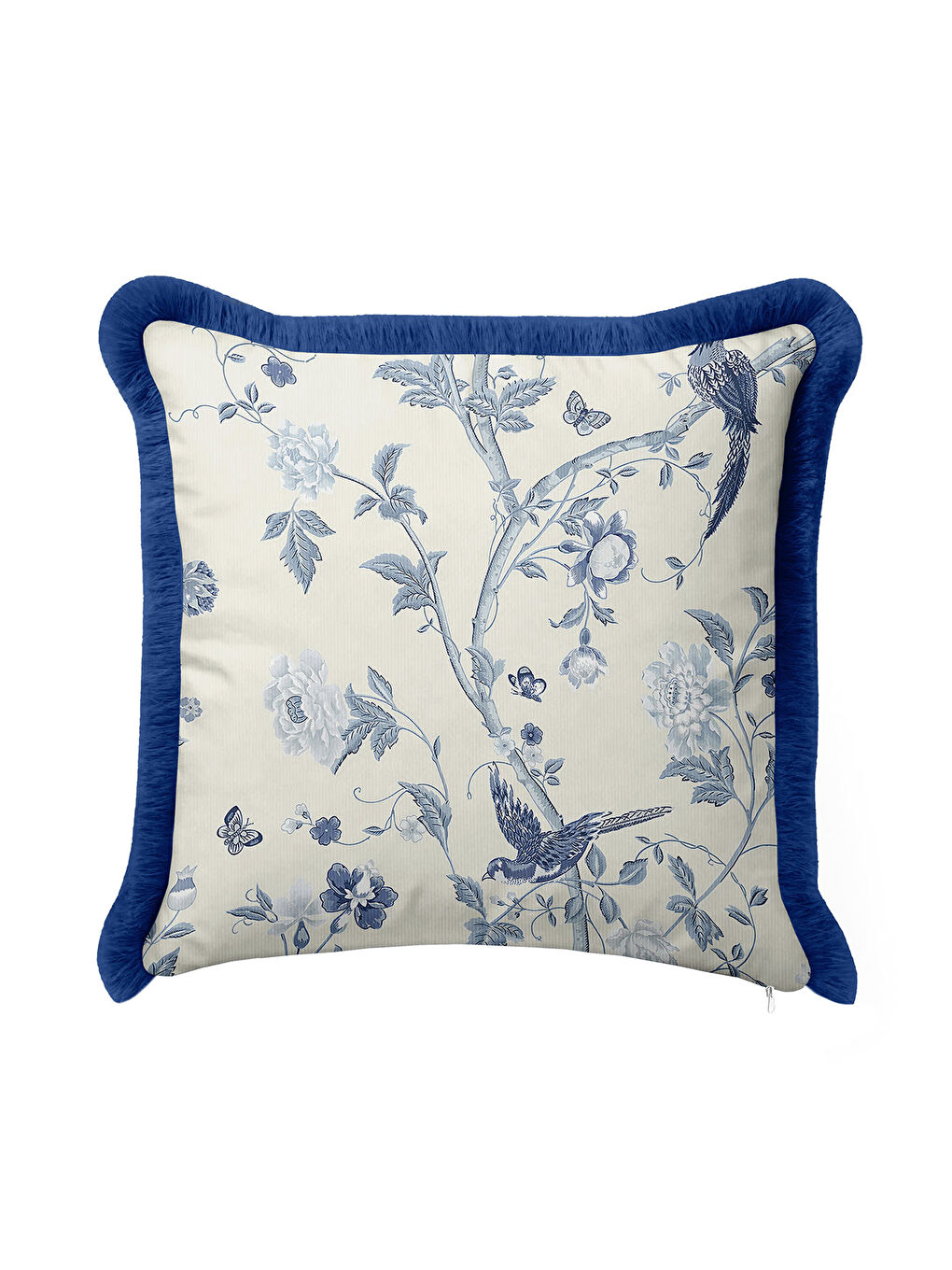 Karışık Royal Mavi Çiçekli Kuş Saçaklı Yastık Kılıfı - Klasik Zarif Vintage Mavi Püsküllü Kırlent Kılıfı-2