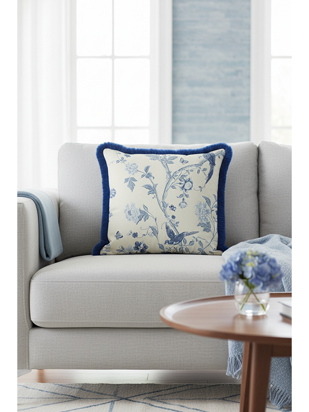 Karışık Royal Mavi Çiçekli Kuş Saçaklı Yastık Kılıfı - Klasik Zarif Vintage Mavi Püsküllü Kırlent Kılıfı-3