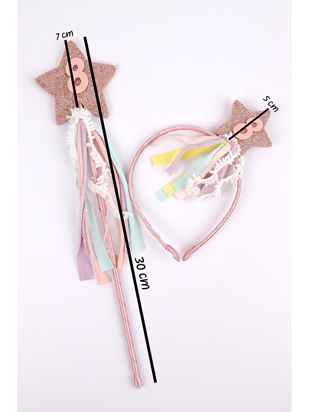 Lila Pudra 8 Yaş Püsküllü Yıldız Kız Çocuk Parti Asa Taç Set-3