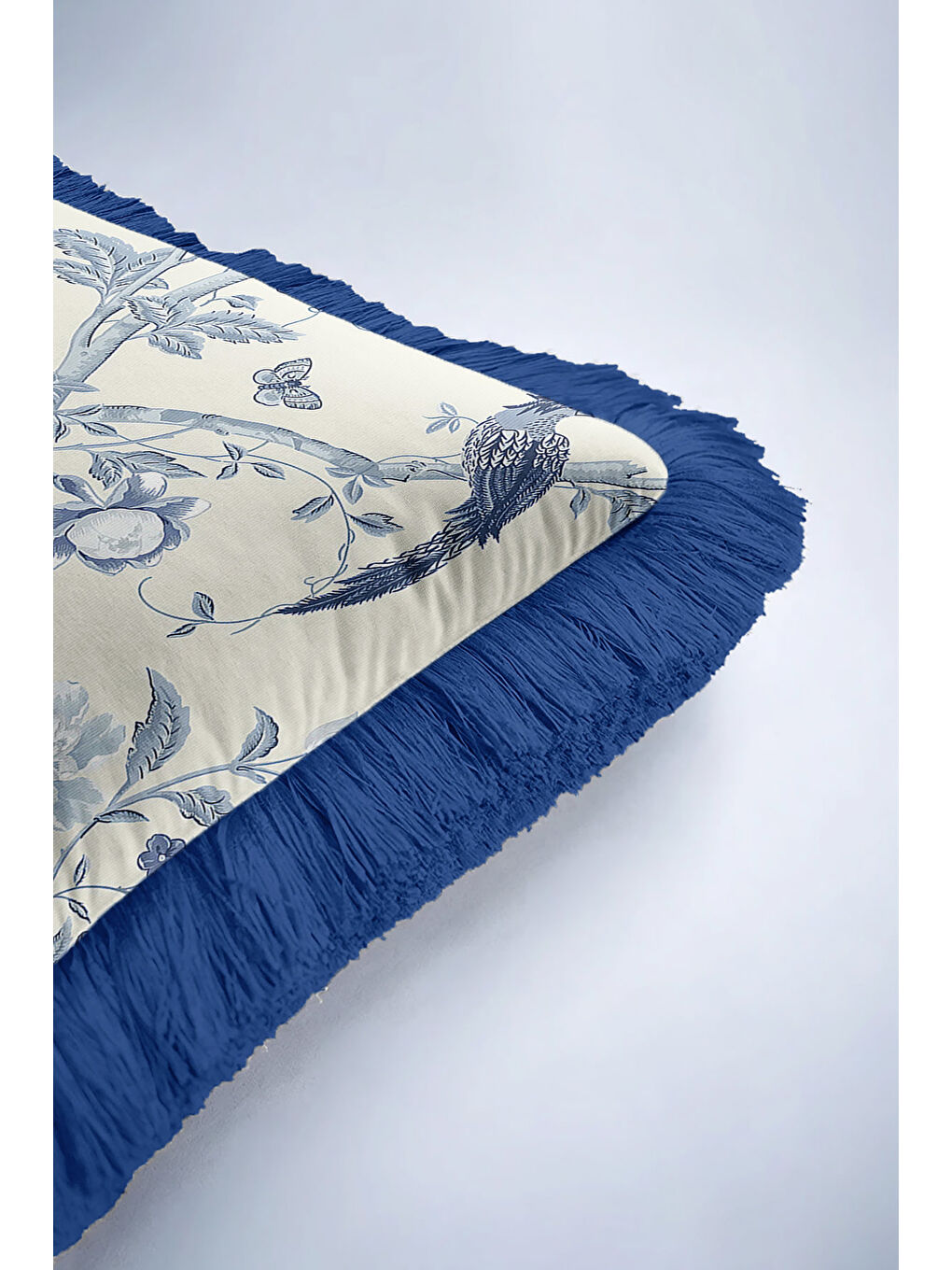 Karışık Royal Mavi Çiçekli Kuş Saçaklı Yastık Kılıfı - Klasik Zarif Vintage Mavi Püsküllü Kırlent Kılıfı-6