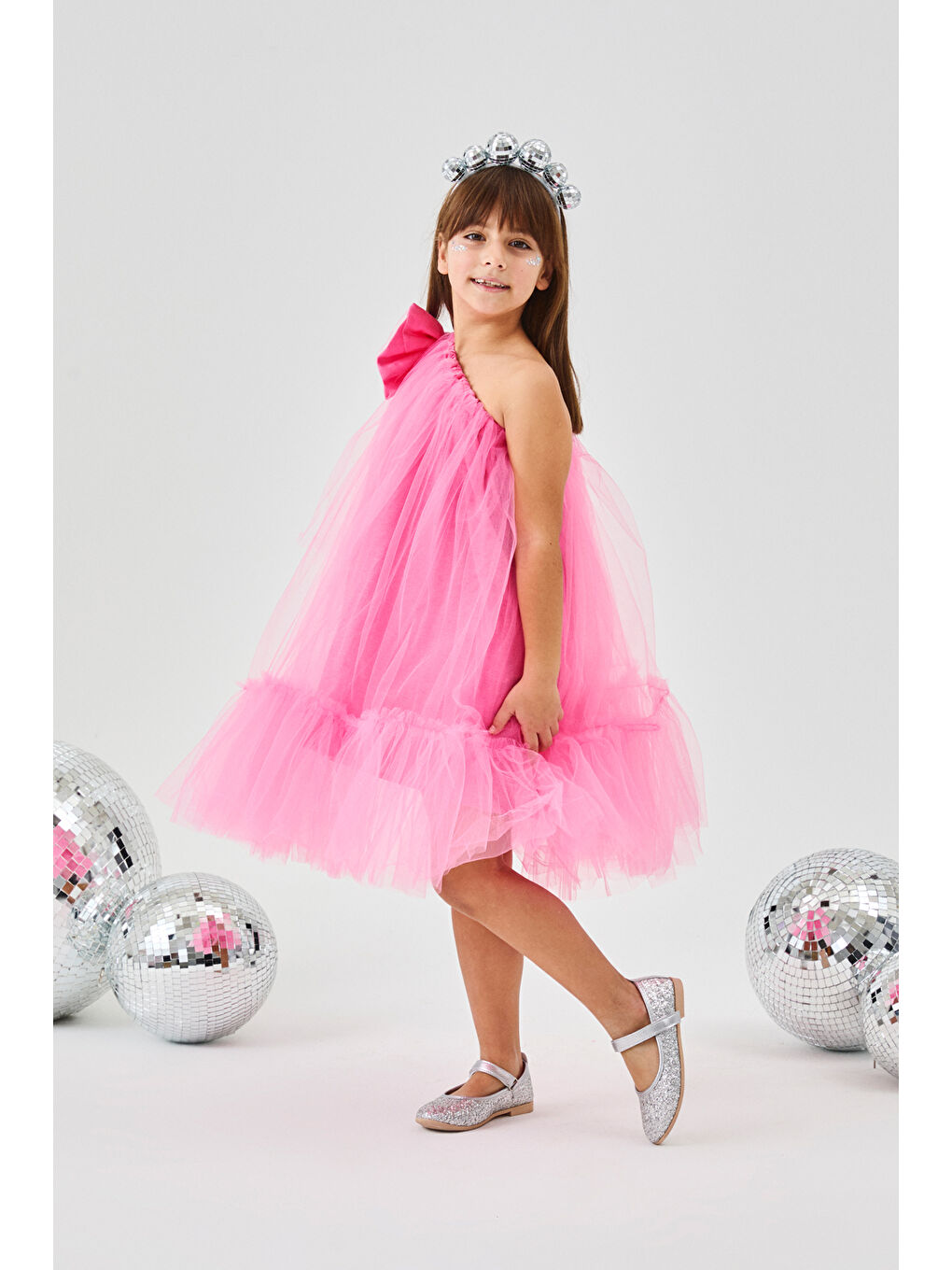 Pembe Tek Omuzlu Fiyonklu Kız Çocuk Tül Elbise - Orlene