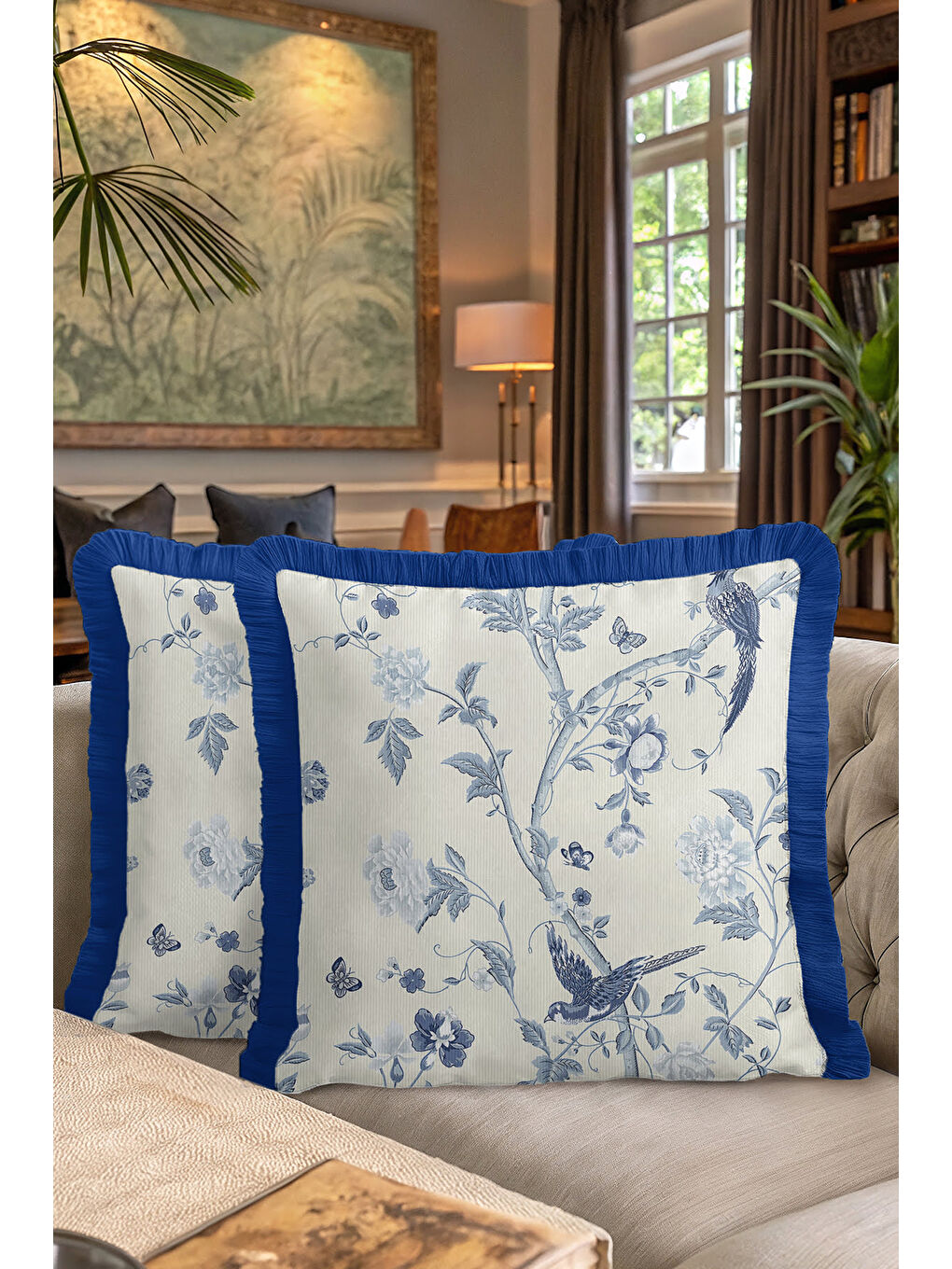 Karışık Royal Mavi Çiçekli Kuş Saçaklı Yastık Kılıfı - Klasik Zarif Vintage Mavi Püsküllü Kırlent Kılıfı-7