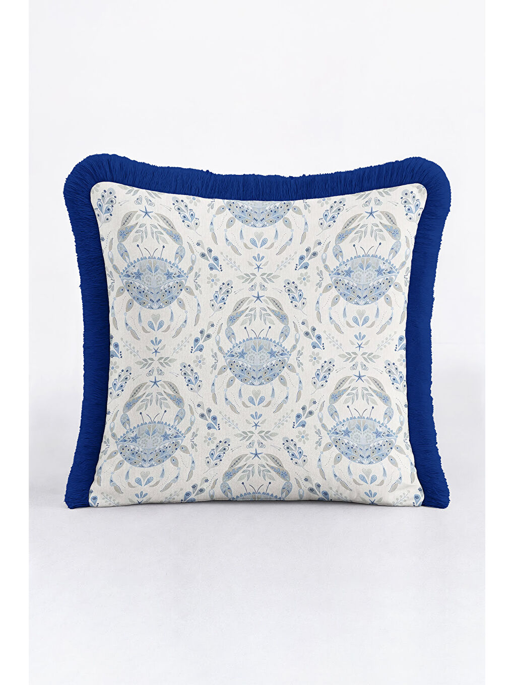 Karışık Lüks Mavi Yengeç Motifli Saçaklı Yastık Kılıfı - Deniz Esintisi Lacivert Püsküllü Kırlent Kılıfı