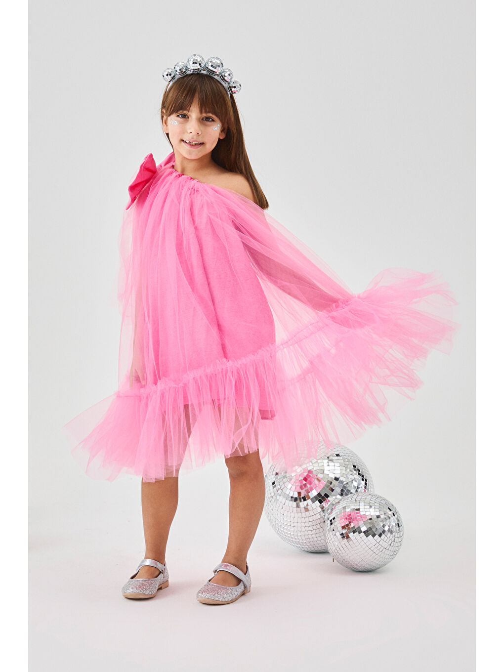 Pembe Tek Omuzlu Fiyonklu Kız Çocuk Tül Elbise - Orlene-1