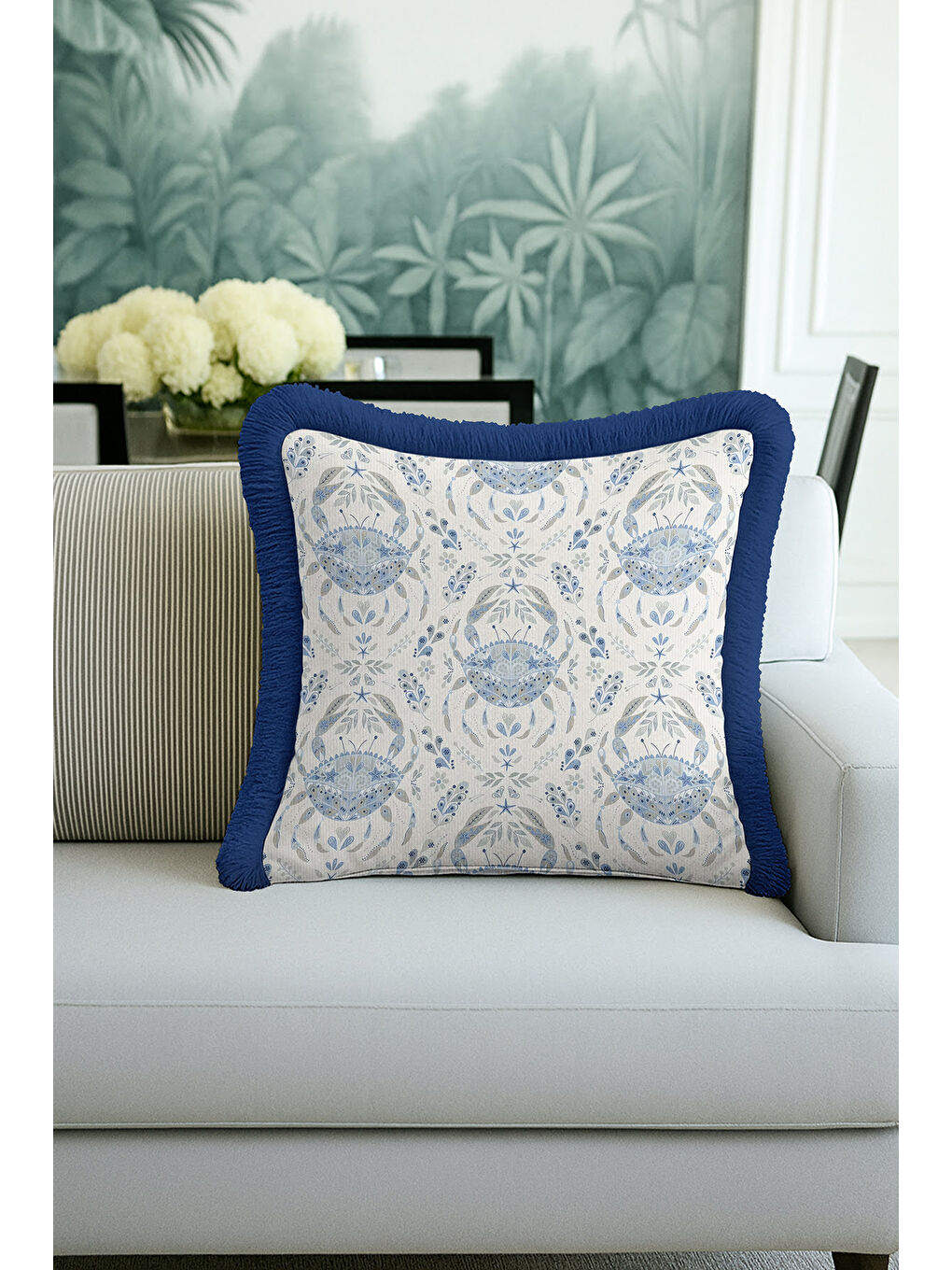 Karışık Lüks Mavi Yengeç Motifli Saçaklı Yastık Kılıfı - Deniz Esintisi Lacivert Püsküllü Kırlent Kılıfı-1