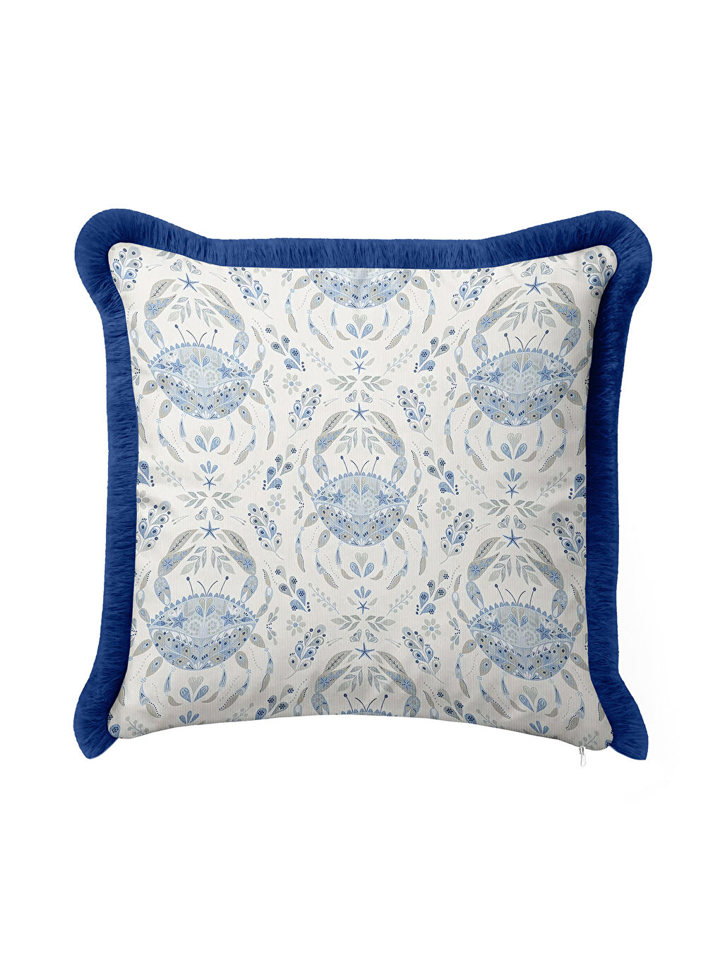 Karışık Lüks Mavi Yengeç Motifli Saçaklı Yastık Kılıfı - Deniz Esintisi Lacivert Püsküllü Kırlent Kılıfı-2