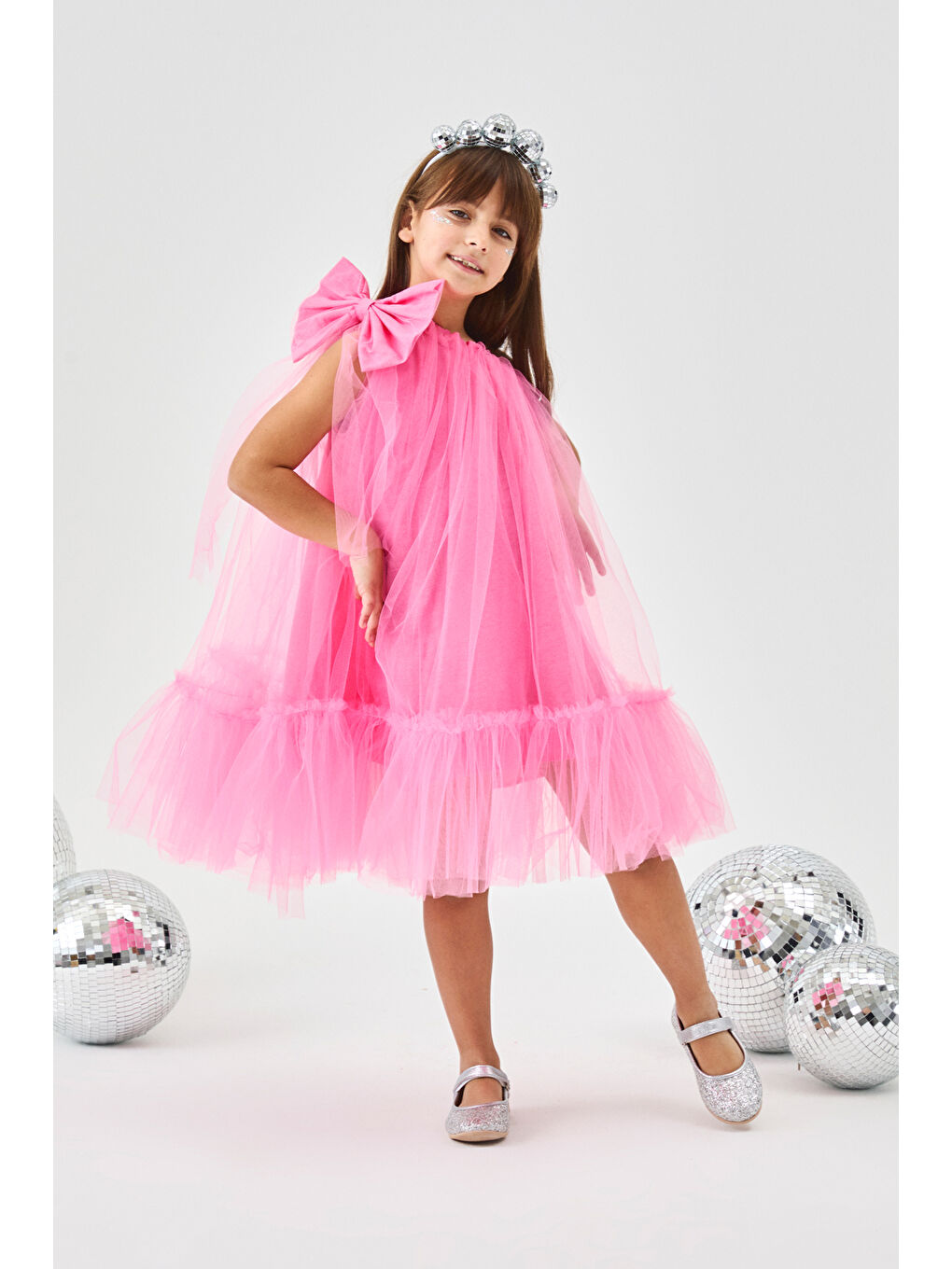 Pembe Tek Omuzlu Fiyonklu Kız Çocuk Tül Elbise - Orlene-2