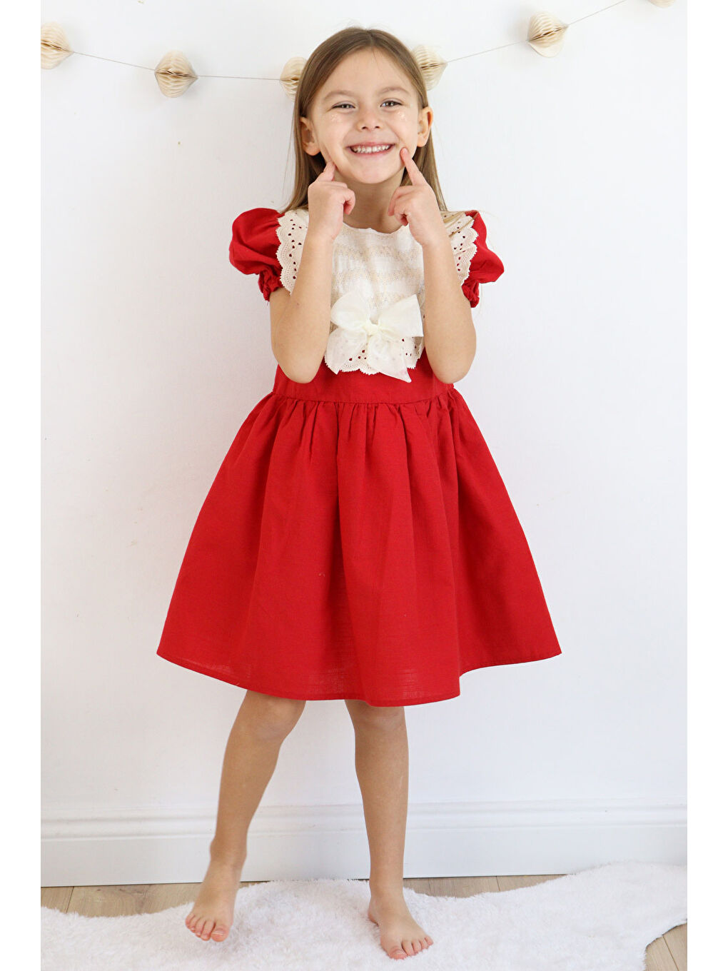 Kırmızı Kısa Kollu Fisto Detaylı Fiyonklu Kız Çocuk Elbise - Rosa-1