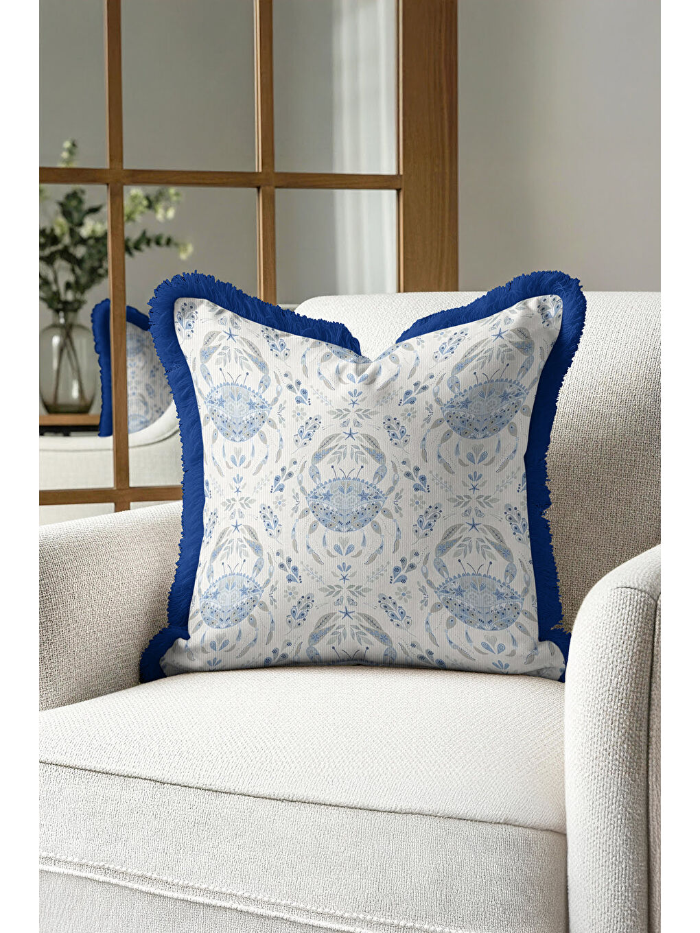 Karışık Lüks Mavi Yengeç Motifli Saçaklı Yastık Kılıfı - Deniz Esintisi Lacivert Püsküllü Kırlent Kılıfı-3