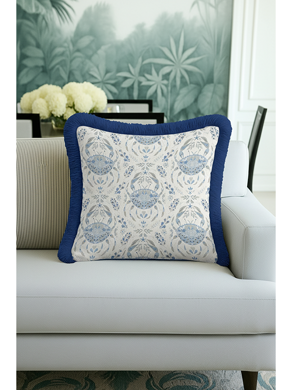 Karışık Lüks Mavi Yengeç Motifli Saçaklı Yastık Kılıfı - Deniz Esintisi Lacivert Püsküllü Kırlent Kılıfı-4
