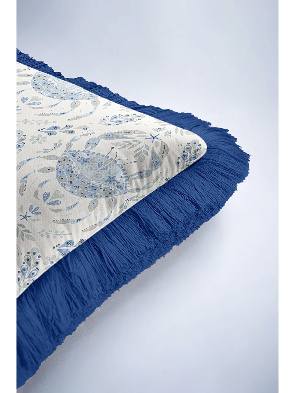 Karışık Lüks Mavi Yengeç Motifli Saçaklı Yastık Kılıfı - Deniz Esintisi Lacivert Püsküllü Kırlent Kılıfı-6