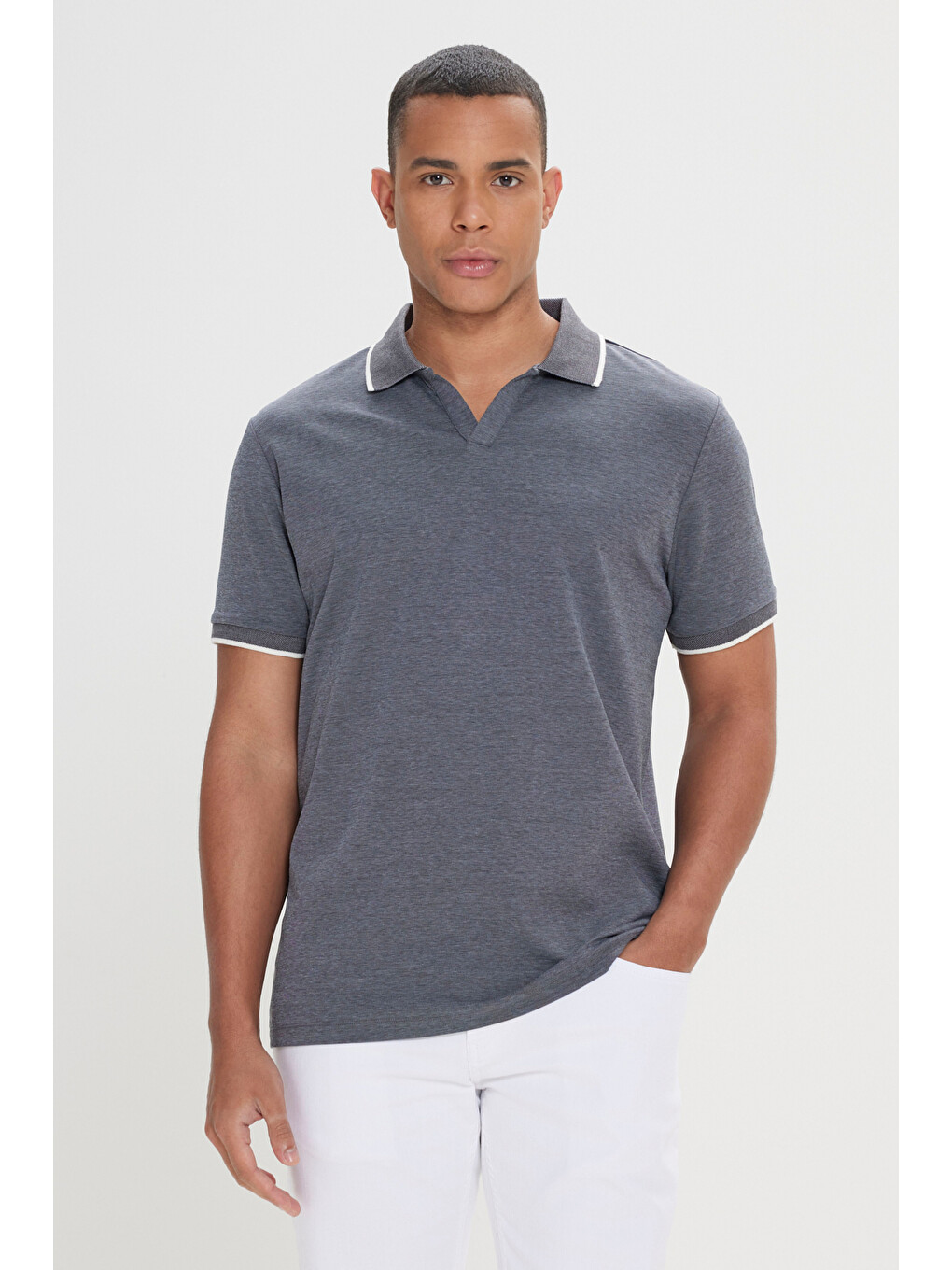 Erkek Antrasit Slim Fit Dar Kesim Pamuklu Polo Yaka Tişört