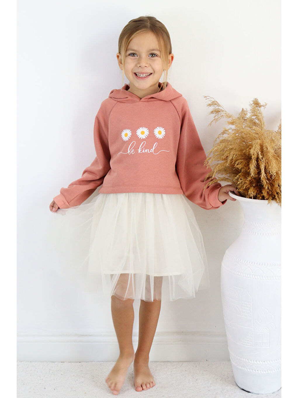 Kahverengi Kiremit Papatya Desenli Kapüşonlu Sweat Elbise Takım - Fleur