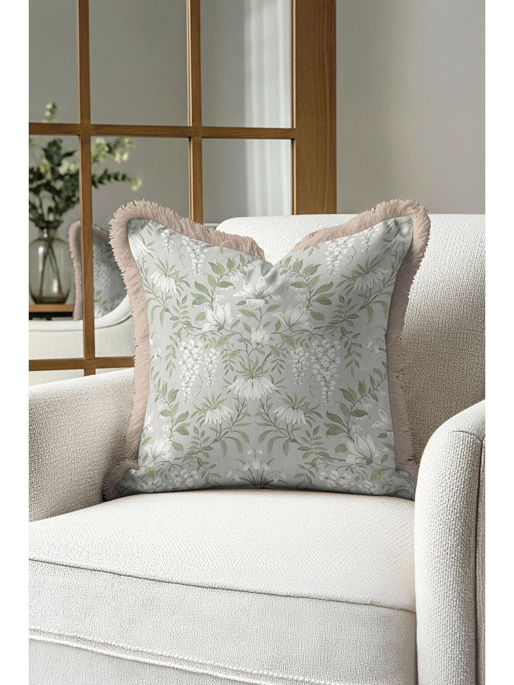 Karışık Zarif Çiçek Motifli Saçaklı Yastık Kılıfı - Bahar Esintili Country Gri Yeşil Püsküllü Kırlent Kılıfı