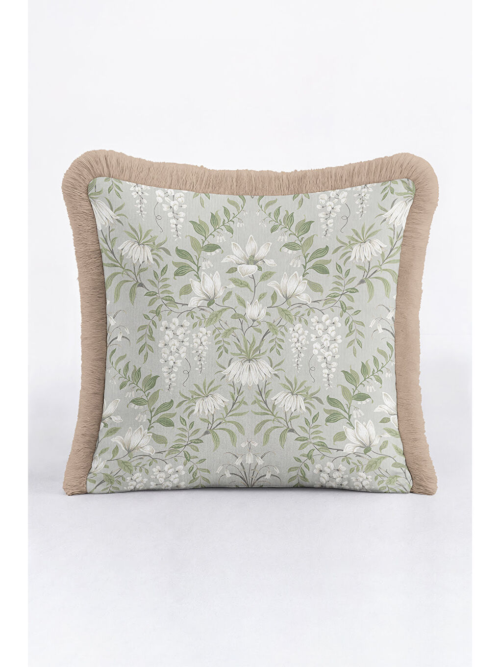 Karışık Zarif Çiçek Motifli Saçaklı Yastık Kılıfı - Bahar Esintili Country Gri Yeşil Püsküllü Kırlent Kılıfı-1