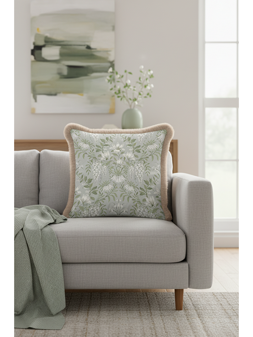 Karışık Zarif Çiçek Motifli Saçaklı Yastık Kılıfı - Bahar Esintili Country Gri Yeşil Püsküllü Kırlent Kılıfı-2