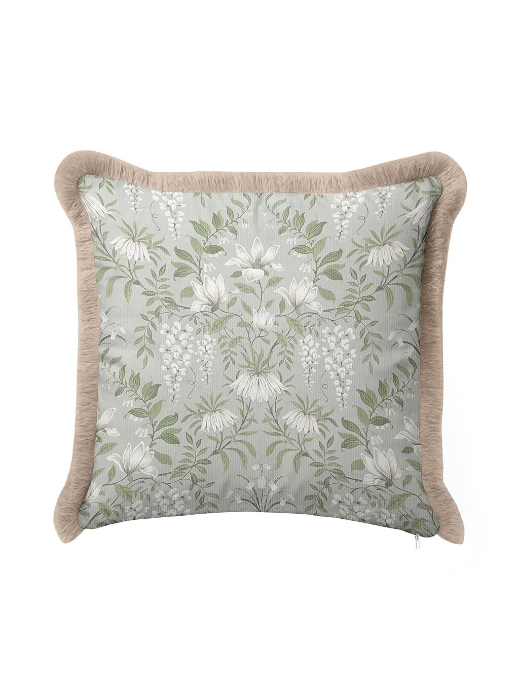 Karışık Zarif Çiçek Motifli Saçaklı Yastık Kılıfı - Bahar Esintili Country Gri Yeşil Püsküllü Kırlent Kılıfı-3